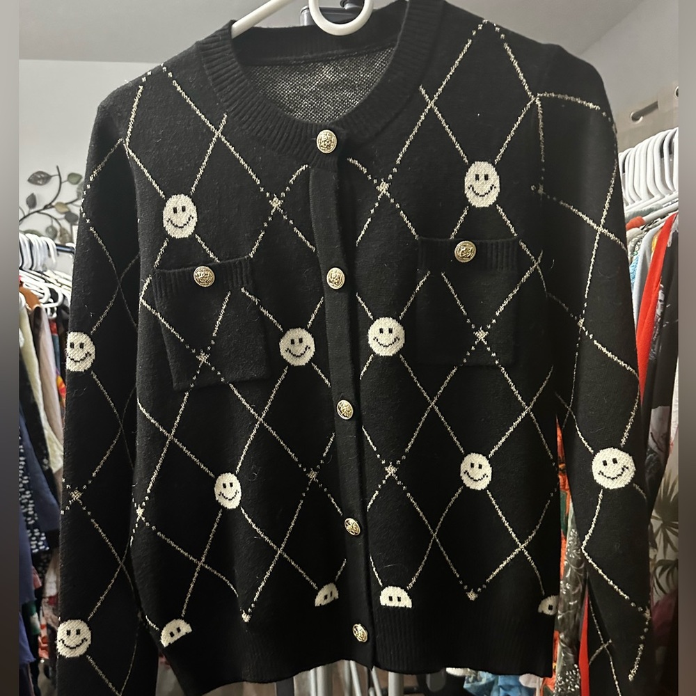 Black and White Smiley Face Cardigan Sweater